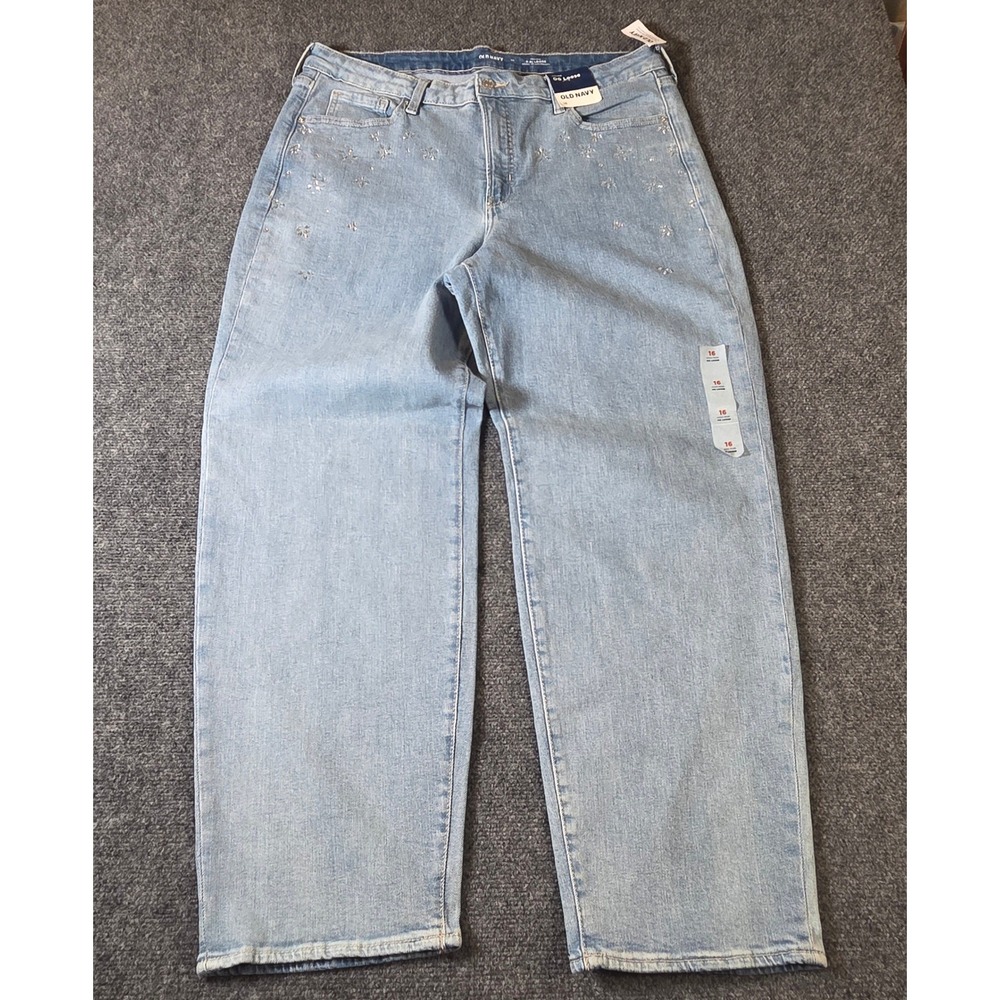 Old Navy OG Loose Jeans Womens 16 Light Wash Rhinestone Embellish High Rise NWT - Picture 2 of 8